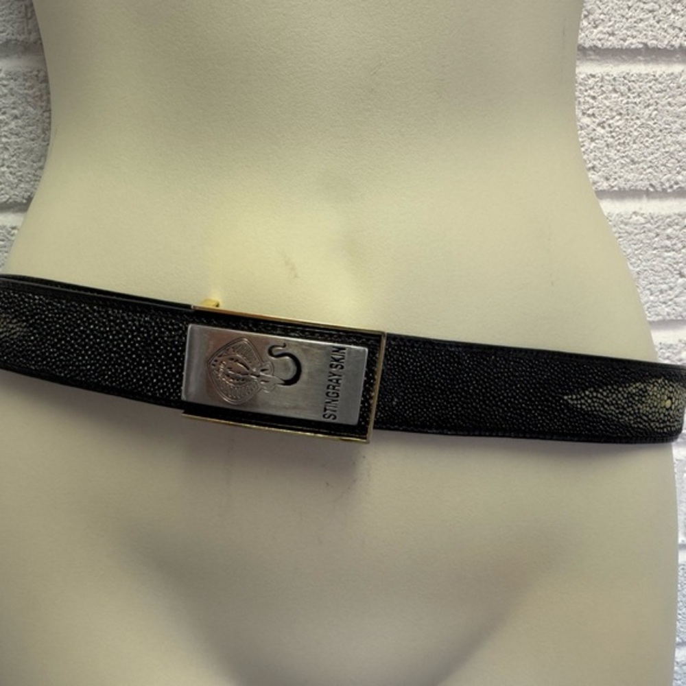 Genuine Stingray Skin Sleek Black and Silver Belt with design
